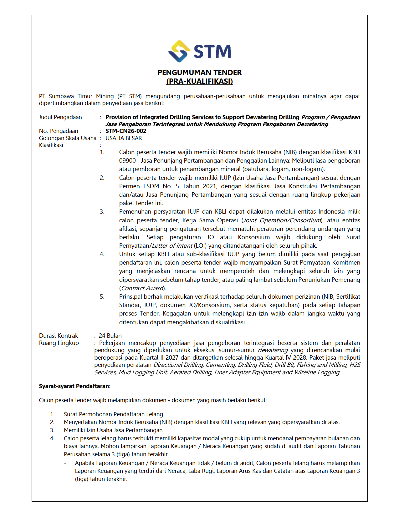Tender Announcement - Provision of Integrated Drilling Services to Support Dewatering Drilling Program