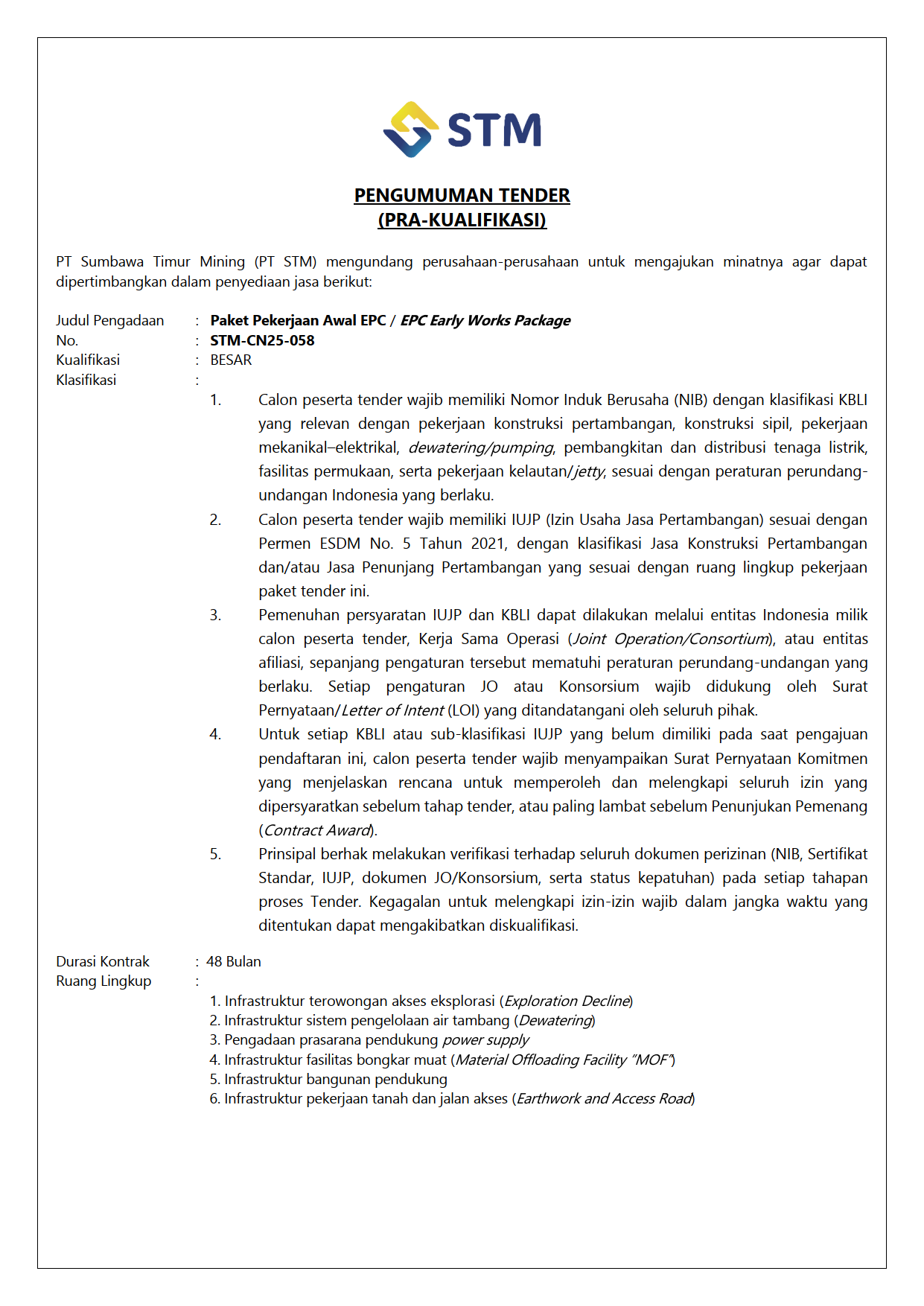 Tender Announcement - EPC Early Works Package